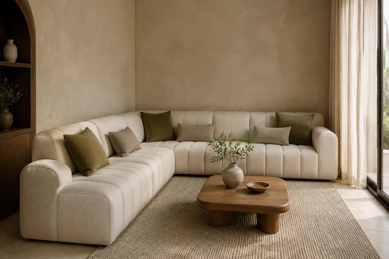 Compact ivory L-shaped majlis seating with olive cushions in a small apartment sitting room
