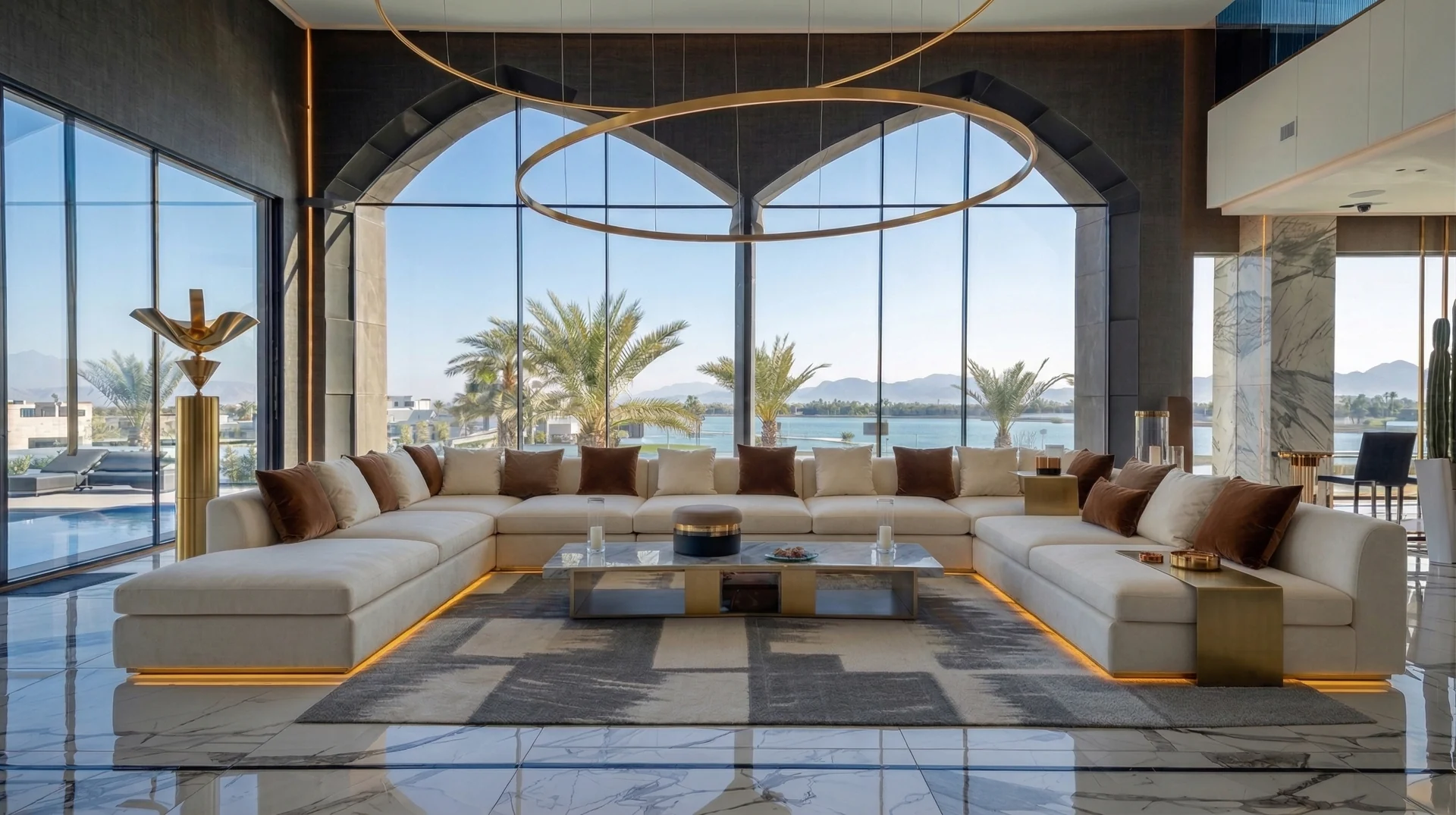 Neutral U-shaped majlis seating arranged for a family gathering
