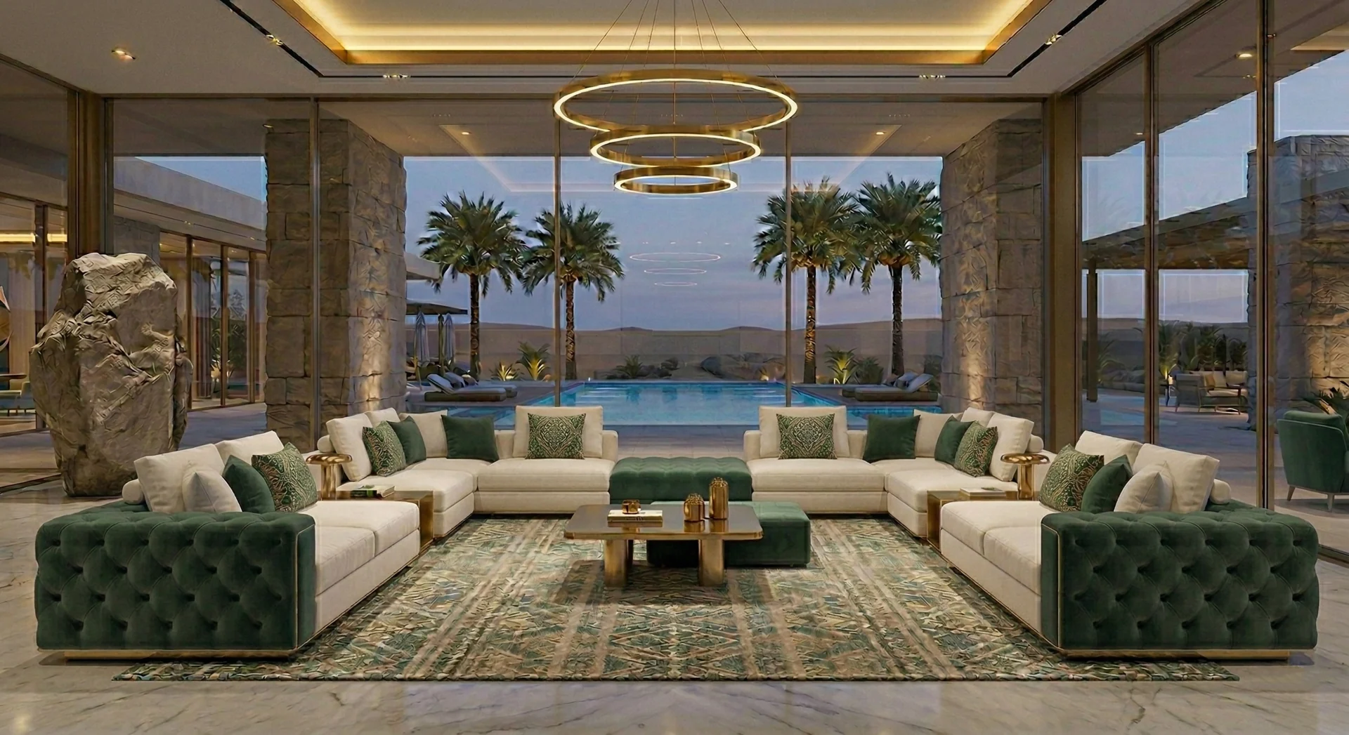 Ivory and forest-green majlis seating in a generous reception room