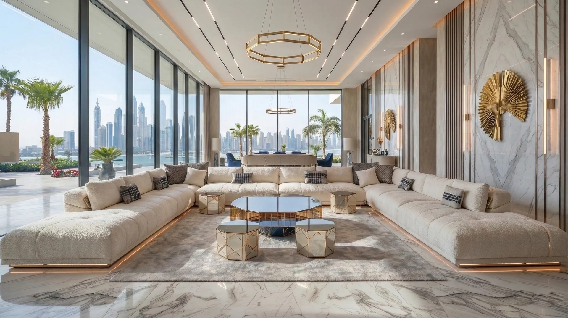 Ivory modular majlis seating in a light-filled architectural room