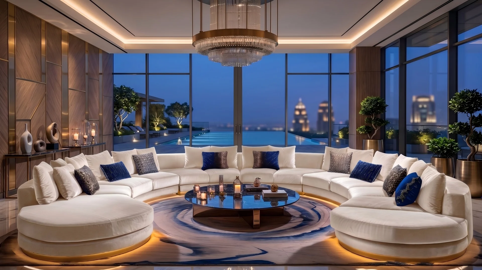 Curved ivory majlis seating with navy cushions arranged around a circular table