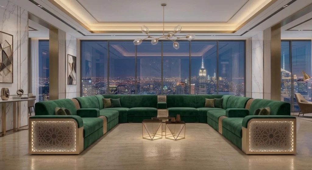 MJ002 green majlis seating concept with geometric arm panels — test product illustration