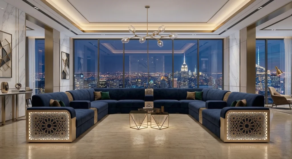 MJ002 navy majlis seating concept with geometric arm panels — test product illustration