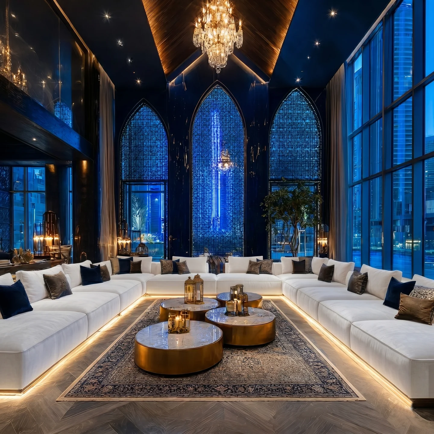 Ivory U-shaped seating with navy cushions in a blue arched reception interior