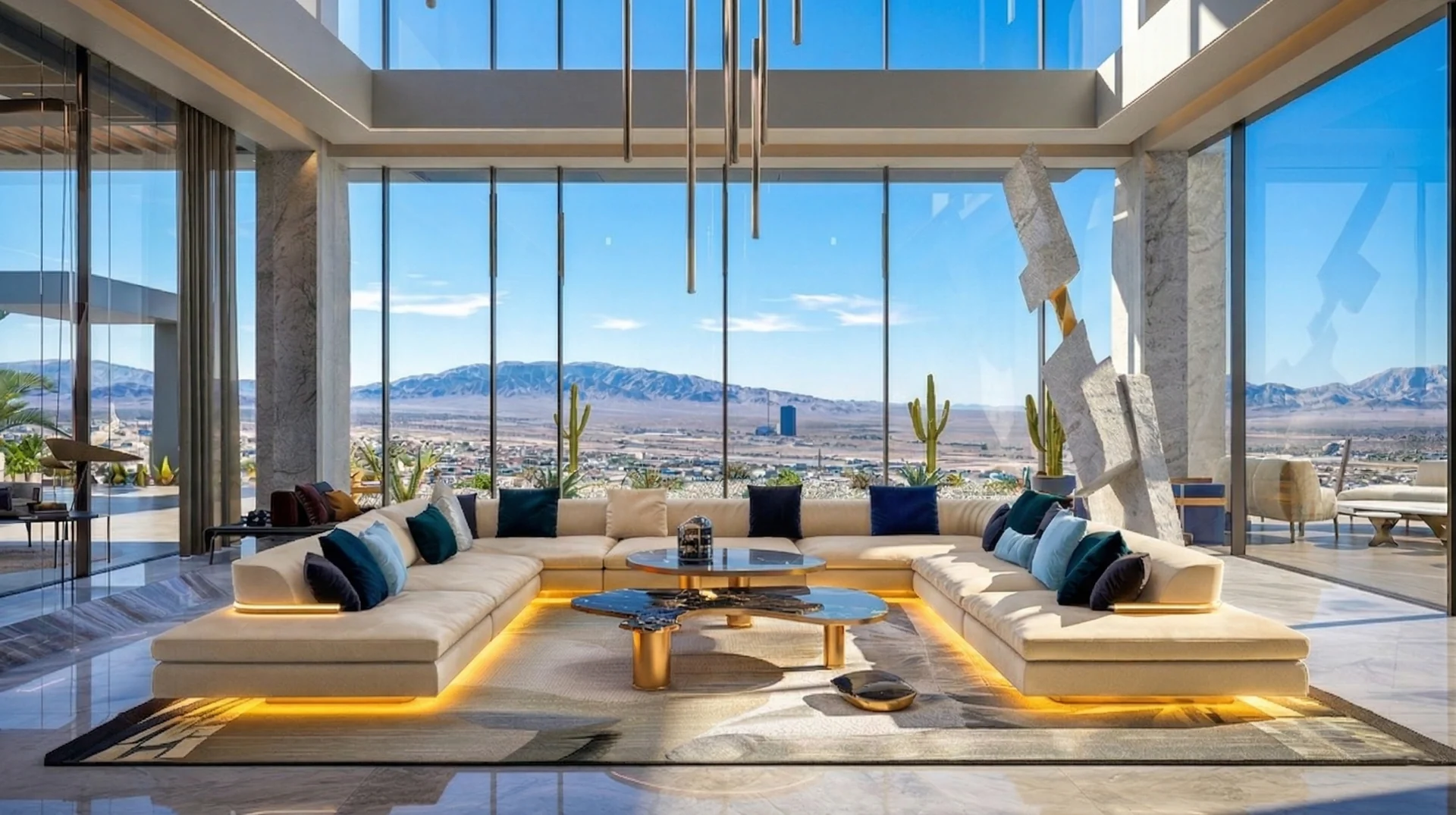 Ivory U-shaped modular majlis seating in a bright reception room overlooking a desert landscape