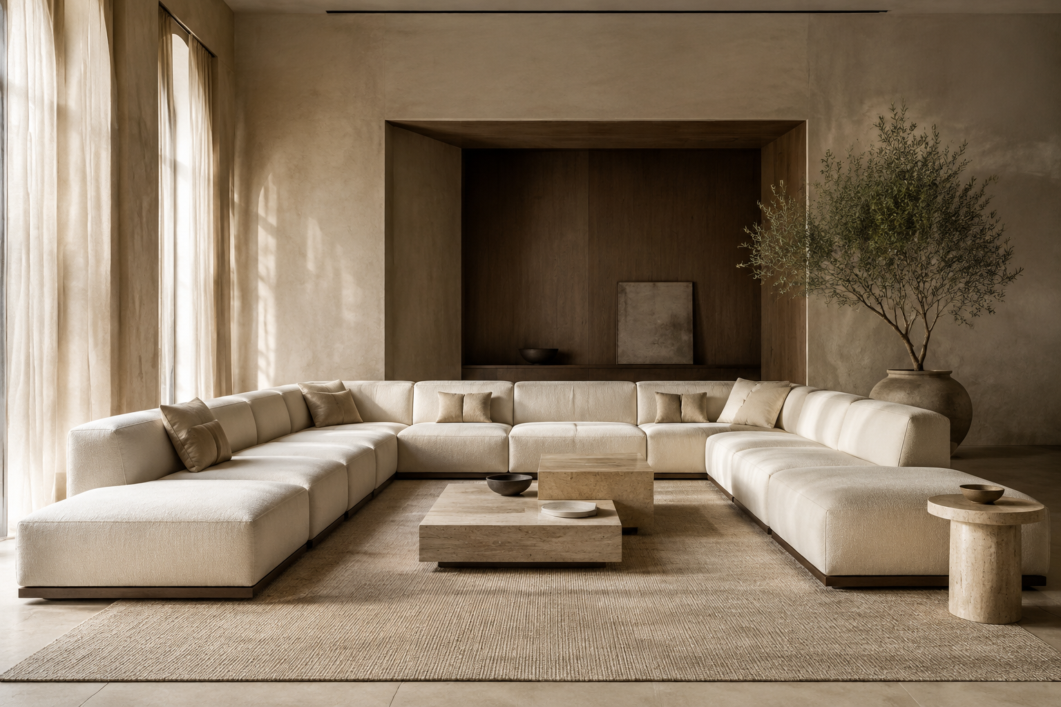 AI-generated styling concept of a contemporary U-shaped modular Majlis sofa in a refined reception room.